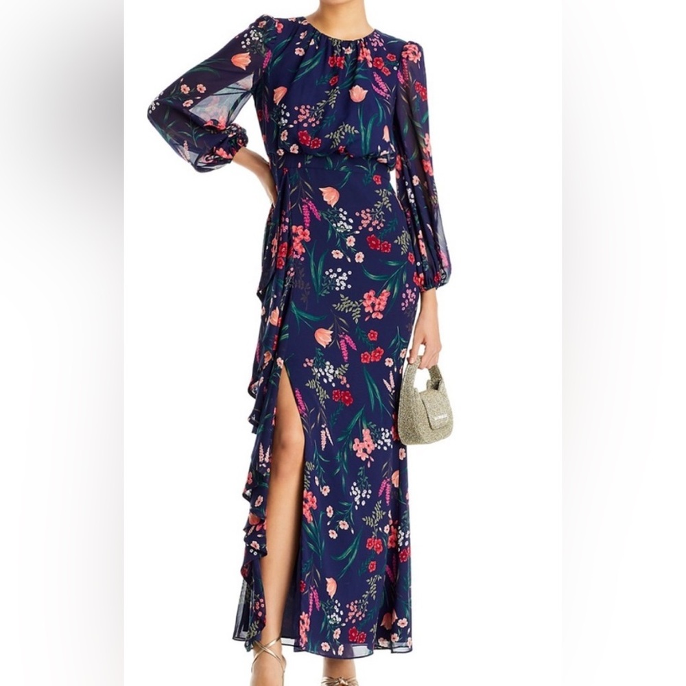 Eliza J Cascading Ruffle Floral Blue Maxi Dress US 8